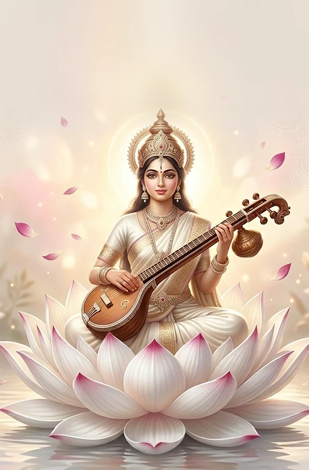 Kalaimagal, goddess of learning, seated on a white lotus playing the veena, with petals drifting around her