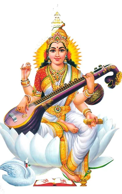 Kalaimagal, goddess of learning, on a white lotus with the veena